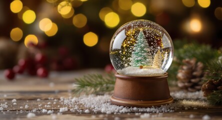 Festive snow globe with Christmas tree inside on wooden table, surrounded by pinecones and holiday decorations, glowing bokeh lights in background