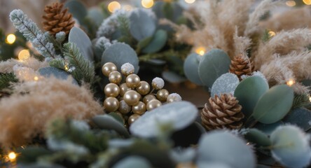 Festive Christmas wreath with pinecones, golden ornaments, eucalyptus leaves, and pampas grass, illuminated by warm fairy lights