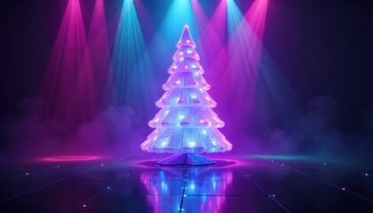 Illuminated Christmas tree with glowing neon lights on a reflective floor surrounded by colorful spotlights and misty atmosphere