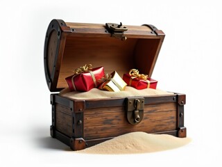 Wooden treasure chest filled with sand and colorful gift boxes, symbolizing surprises and hidden treasures