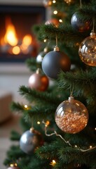 Close-up of decorated Christmas tree with ornaments and glowing lights near a cozy fireplace in the background
