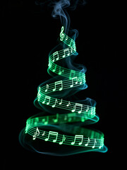 Glowing green music notes forming a spiral Christmas tree shape on a black background, symbolizing holiday music.