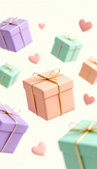 Floating pastel gift boxes with golden ribbons and pink hearts on a light background, festive and romantic theme
