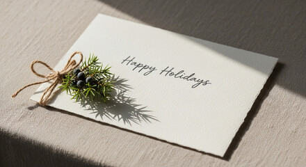 A 'Happy Holidays' card with a twine bow and juniper sprig lying on a beige linen surface.
