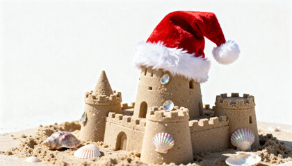 Sandcastle decorated with seashells and jewels wearing a red Santa hat on a sunny beach, symbolizing a tropical Christmas theme