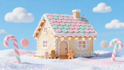 Festive gingerbread house with colorful candy decorations surrounded by candy canes and lollipops in a snowy landscape