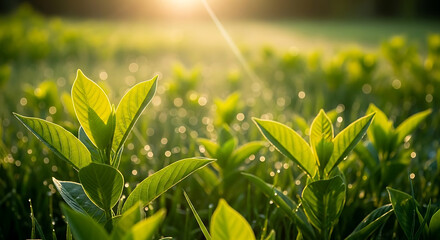 Vibrant green leaves shimmer with morning dew under a radiant sunrise, symbolizing new beginnings and natural beauty in a serene outdoor landscape