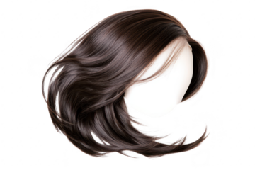 A flowing. realistic brown hair wig displayed against a white background. its natural movement and texture. ideal for fashion and beauty applications