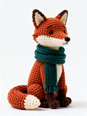 Handmade crocheted fox toy wearing a green scarf, sitting on a white background, showcasing intricate knitting details.