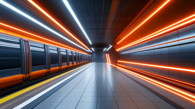 Futuristic subway station with neon orange lights, modern design, and empty platform