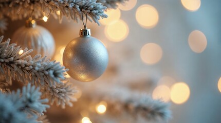 Silver Christmas ornament hanging on frosted tree branch with warm glowing bokeh lights in the background