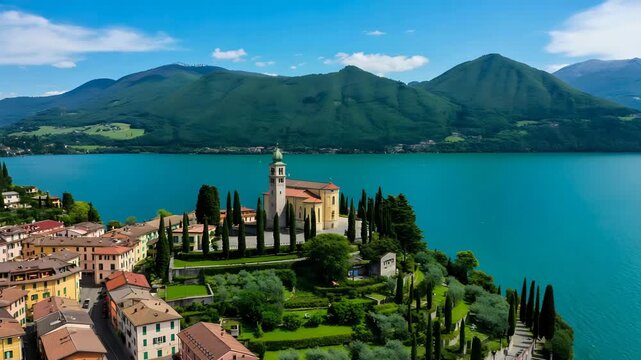 Picturesque aerial view of the church in tremosine sul garda, italy, nestled on a cliff overlooking lake garda, with mountains and blue sky in the background