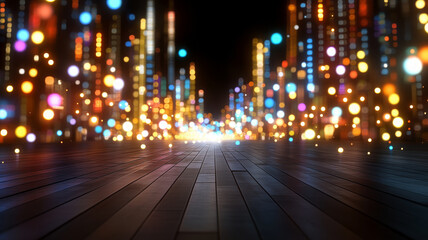 Glowing neon lights cityscape night blurred colorful wooden floor abstract vibrant