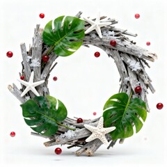Coastal-inspired Christmas wreath with driftwood, monstera leaves, starfish, red berries, and snow accents on a white background