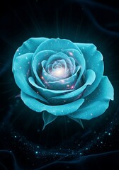 A glowing blue rose with cosmic elements in a dark and dreamy setting