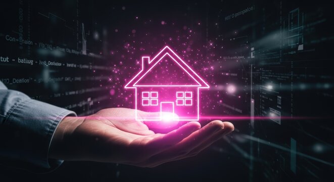 Hand holding a glowing house hologram displaying digital technology innovation for real estate business and smart home solutions