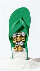 Green flip-flop decorated with gold and silver Christmas ornaments on white sand, symbolizing tropical holiday celebration