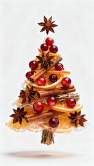 Creative Christmas tree made of dried orange slices, cinnamon sticks, star anise, and cranberries on white background