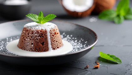 Chocolate Lava Cake with Powdered Sugar and Mint Garnishing Served on Gray Plate with Coconut in a Bright Kitchen