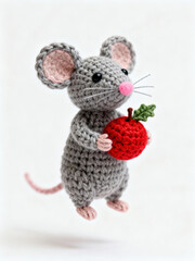 Handmade gray crochet mouse holding a red apple with green leaf on white background, cute amigurumi toy design