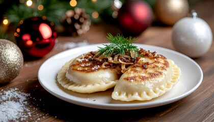 Close Up Shot of Golden Fried Dumplings Topped with Herbs on White Plate with Christmas Decorations on Wooden