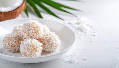 Close Up of Coconut Balls on a White Plate with White Background and Palm Leaf