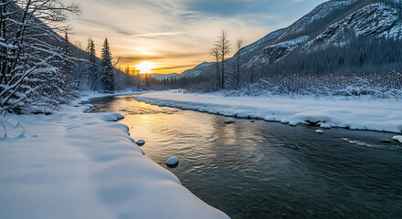 Serene winter river winding through snow-covered mountains at sunset, reflecting golden sky, creating a peaceful, picturesque natural landscape of tranquility