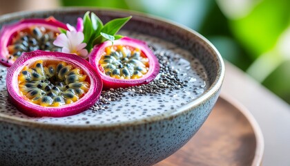Creamy Chia Seed Pudding Topped with Passion Fruit Slices and Flowers in a Ceramic Bowl on a Wooden Tray
