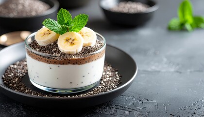 Creamy Chia Seed Pudding with Banana Slices and Mint on Dark Surface
