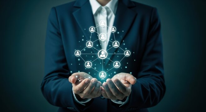 Business professional displays a network of interconnected people representing collaboration and global communication strategies