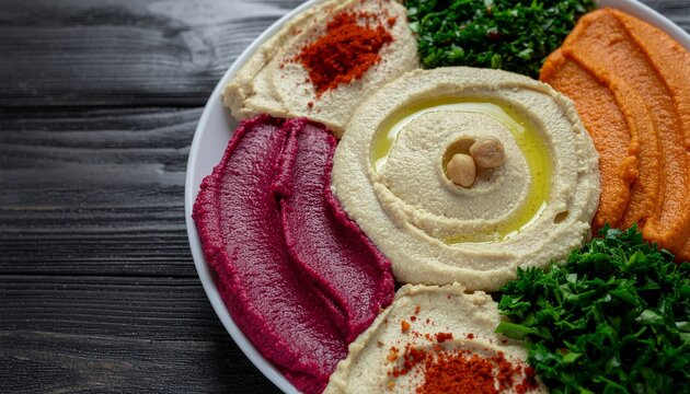 Assortment of colorful hummus dips served on a platter with fresh herbs and spices, a delightful culinary experience