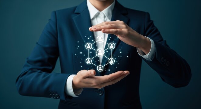 Businesswoman protects a digital network symbolizing teamwork collaboration and connection in modern business