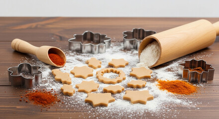 Unbaked holiday cookies cutouts, flour, spices, and metal cutters scattered on a rustic wooden table for baking.