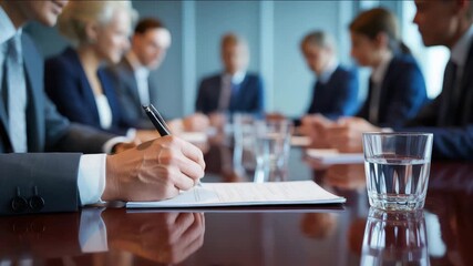 Corporate team collaborating during a dynamic business meeting, signing contract agreement - Powered by Adobe