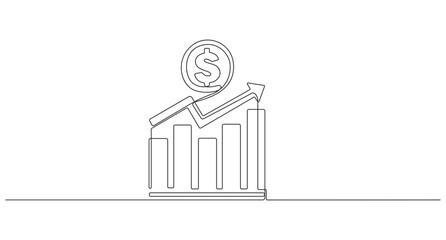 Financial Growth Concept with Money Bag and Upward Arrow,Continuous Line Drawing of Financial Growth and Success,money inflation with increase icon business concept single line art drawing,