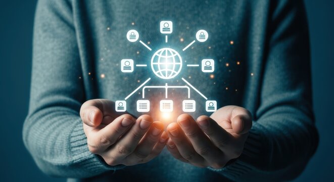 Hands holding glowing global network connecting people organizations and information depicting teamwork and communication for business technology