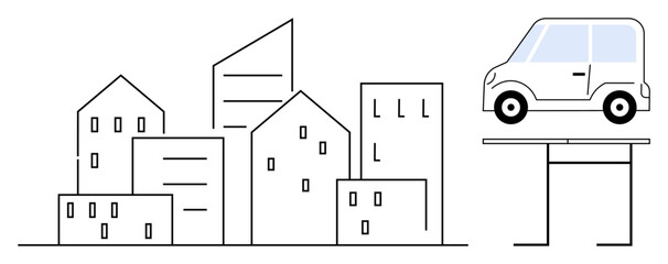 Cityscape featuring geometric buildings alongside a parked car on a raised platform. Ideal for urban planning, sustainability, green energy, innovation, city life, infrastructure, simple flat