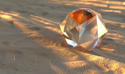 Crystal gem on sand beach with warm sunset light and reflections