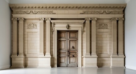 Empty square room with Classic facade in classicism style of light stone with vintage wooden door.