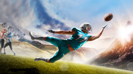 American football players in action high in the mountains on the edge of a cliff. Sports concept. Extreme sports moment. Panorama. Cliff. American football players in rock