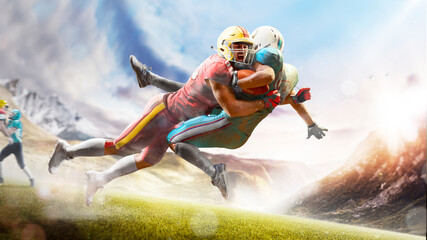 American football players in action high in the mountains on the edge of a cliff. Sports concept. Extreme sports moment. Panorama. Cliff. American football players in rock