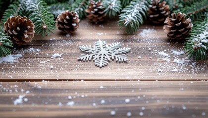 Overhead View of Brown Wooden Surface with Pine Cones and Snowflakes Decoration