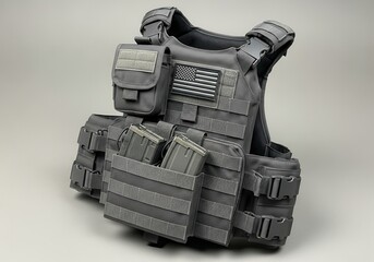 Tactical body armor vest equipped with magazine pouches and flag patch rests against a plain background