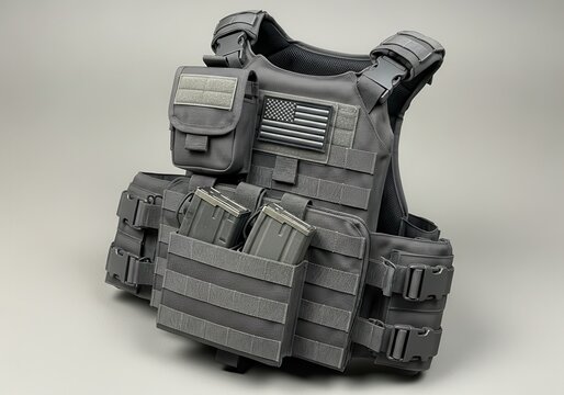 Tactical body armor vest equipped with magazine pouches and flag patch rests against a plain background - Powered by Adobe