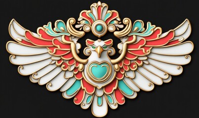 Decorative eagle ornament with wings spread in gold teal and white