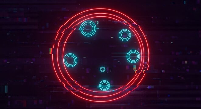 Glitched circular abstraction with pulsating neon light background