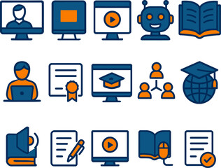 Online education icons depicting e Learning resources and digital educational technology solutions