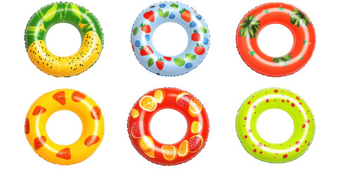 A collection of colorful inflatable pool rings featuring fruit designs. arranged neatly in a playful display. perfect for summer pool parties or beach outings
