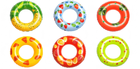 A collection of colorful inflatable pool rings featuring fruit designs. arranged neatly in a playful display. perfect for summer pool parties or beach outings