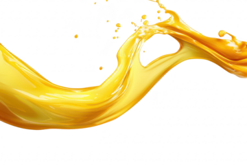 A splash of yellow liquid gracefully arcs through the air. creating a dynamic visual effect against a transparent background. ideal for use in creative design and advertising